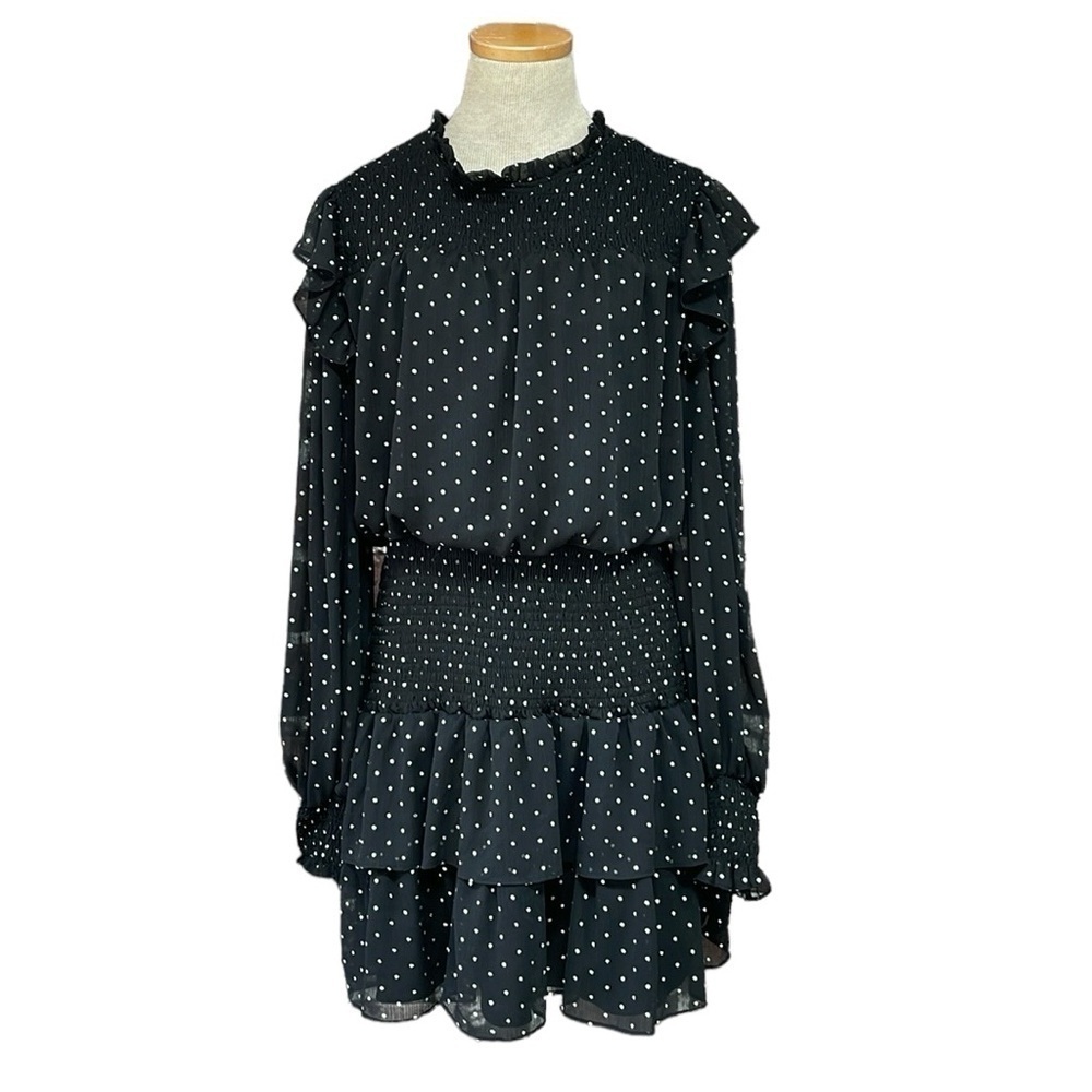 VICI x Gina Dress Women's XL Black White Polka Dots Chiffon Smocked Mini NWT